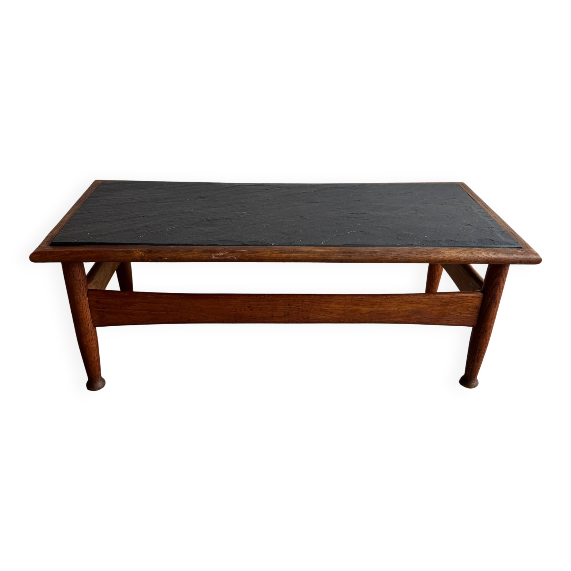 Vintage Oak Coffee Table with Dark Slate Top — Warm Oak Frame and Charcoal Slate Surface