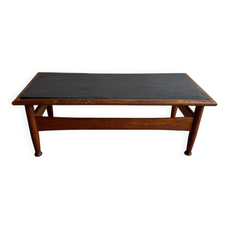 Vintage Oak Coffee Table with Dark Slate Top — Warm Oak Frame and Charcoal Slate Surface