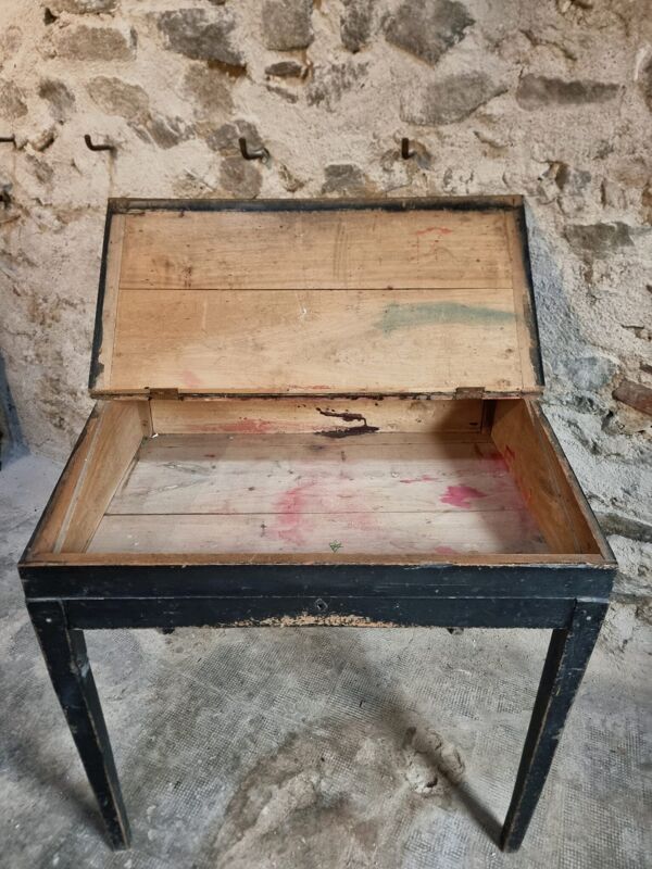 Bureau d'école français ancien, bureau d'écriture noir, bureau à abattant, vers 1900