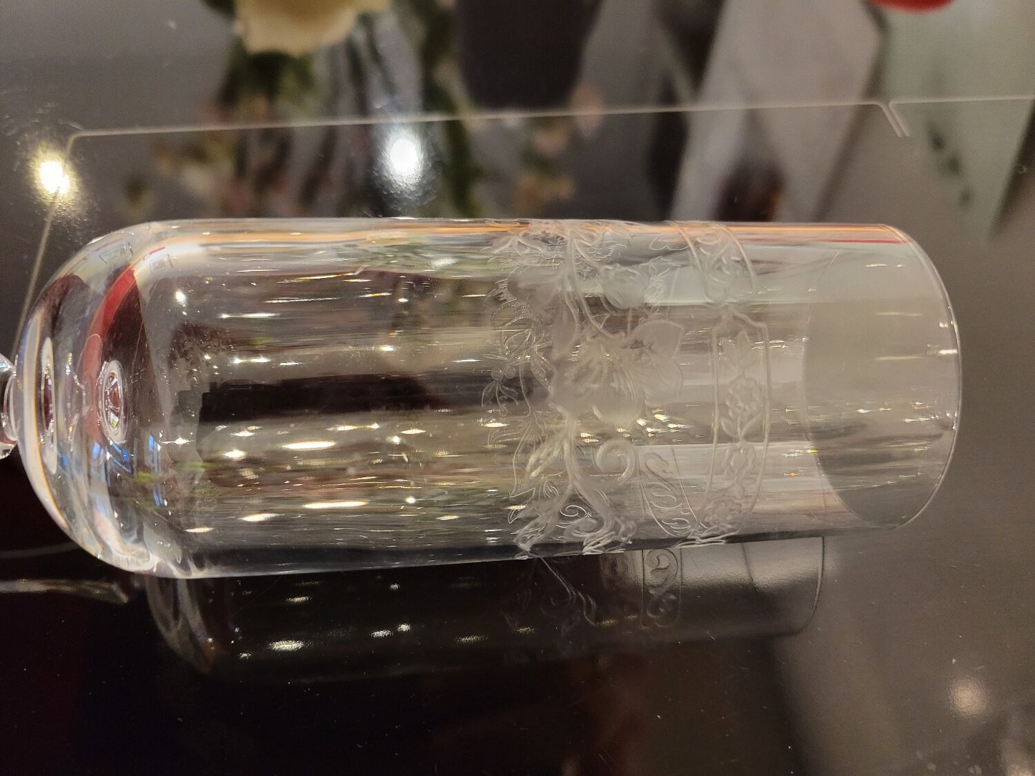 6 engraved crystal champagne flutes (floral) 1920