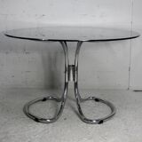 Table style Gastone Rinaldi, Italy, circa 1970. Chromed steel and smoked glass slab.