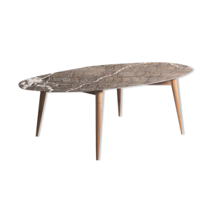 table à manger en marbre noir Marquina, piétement en noyer massif, pouvant accueillir 6-8 personnes