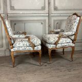 Pair Of Louis XV Queen Armchairs In Carved And “chené” Wood, 18th Century