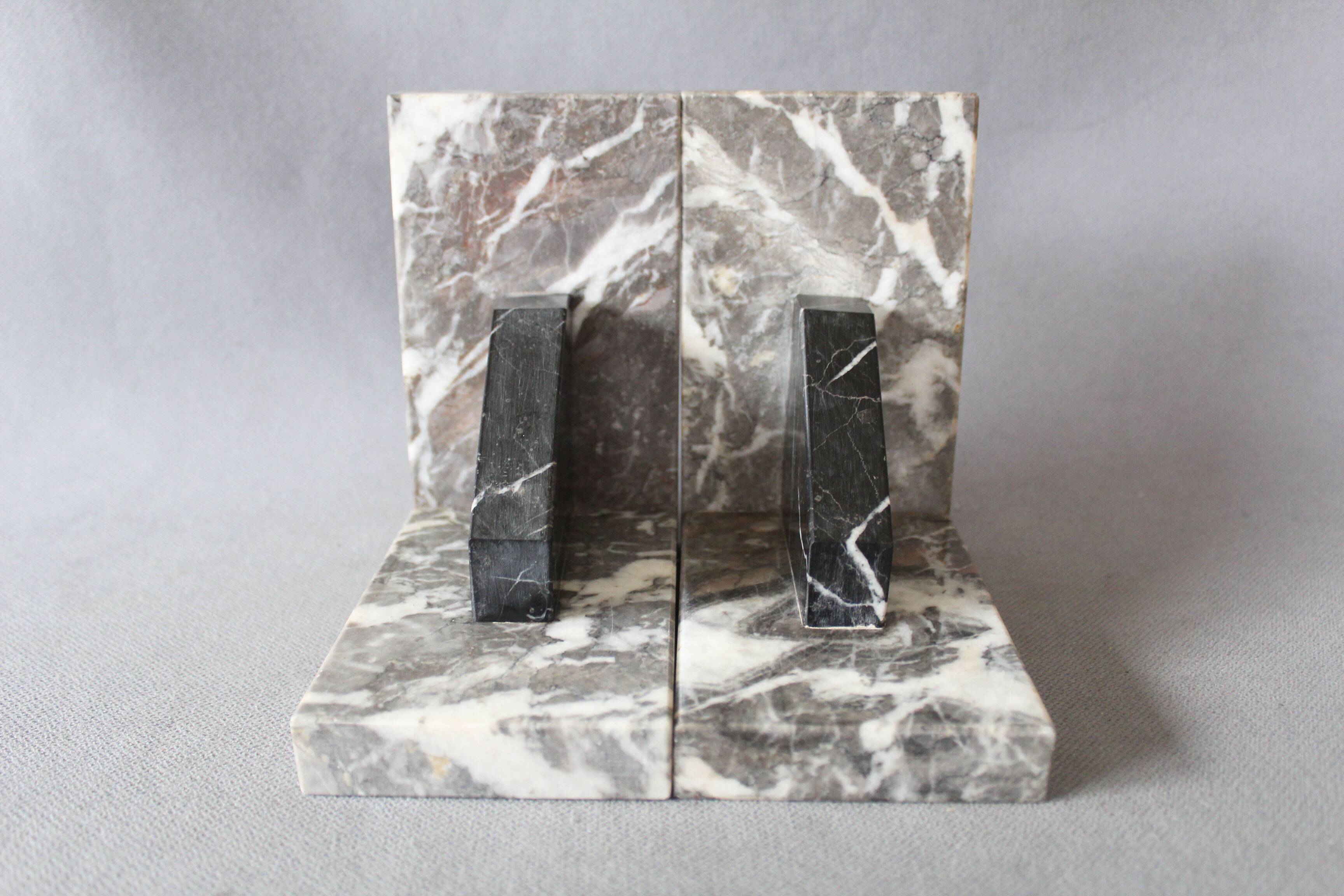 Set of 2 vintage Art Deco bookends in grey, black, and white marble
