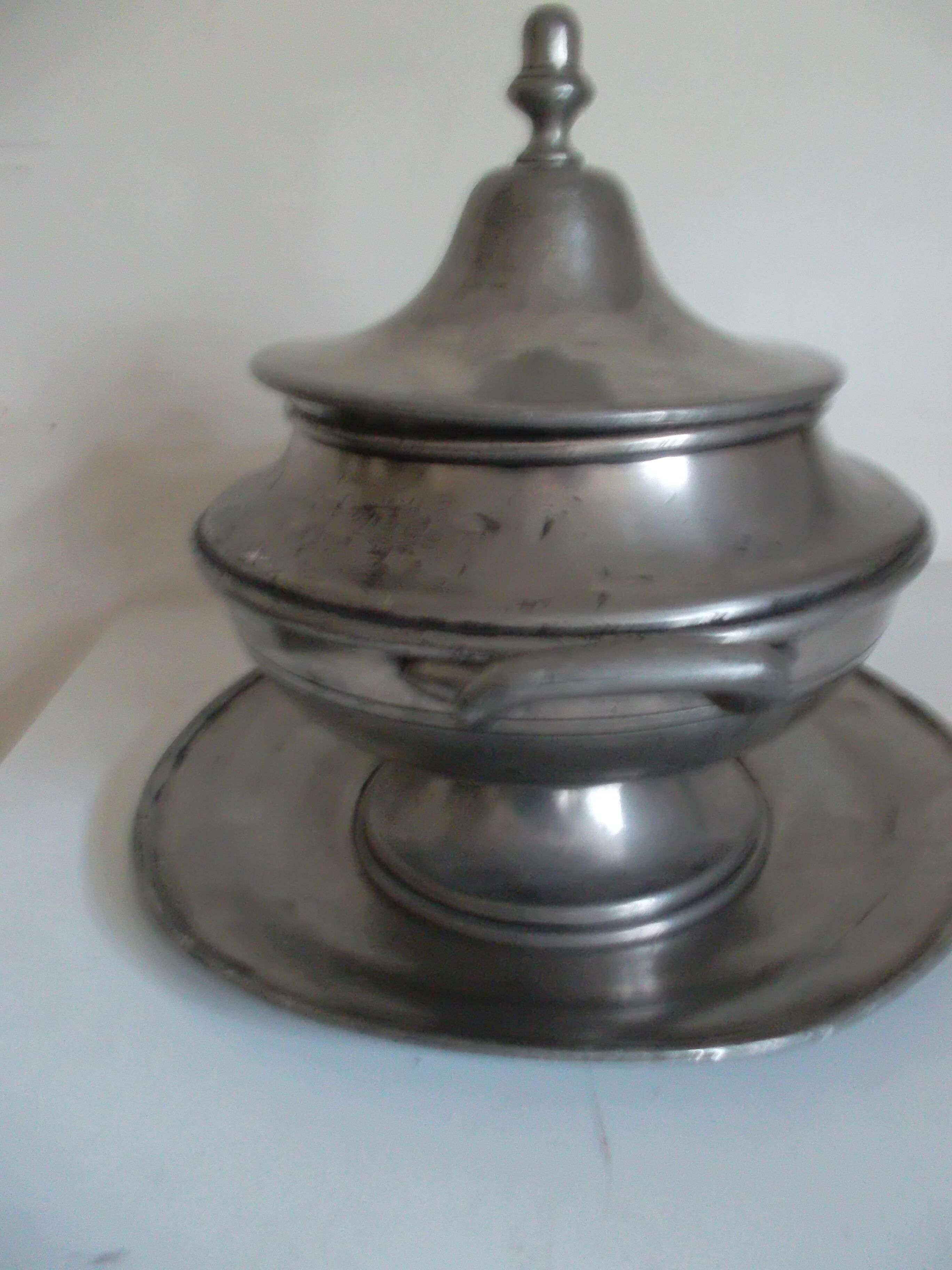 Pewter round tray & soup tureen