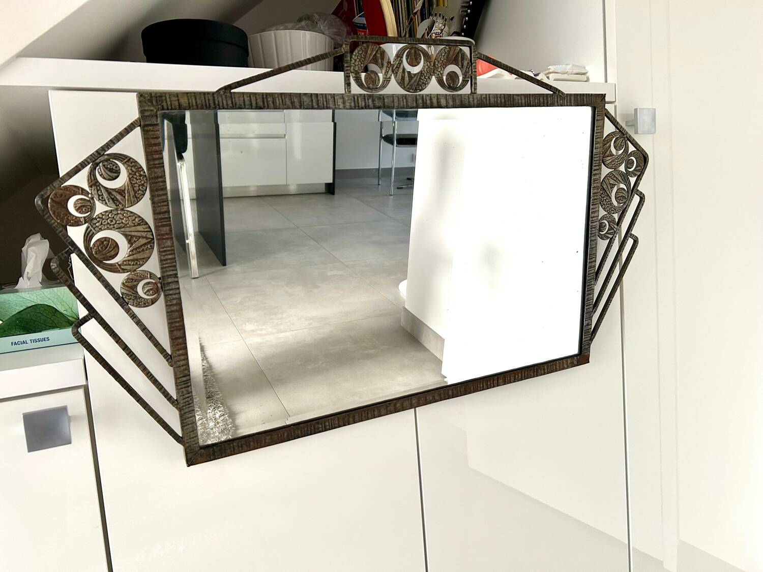 Art Deco mirror 1930 hammered iron and beveled mirror