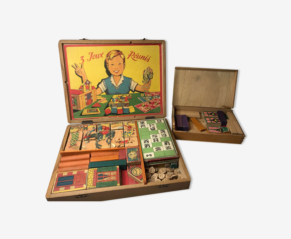 Jouet ancien jeux de société et de construction bois années 1960