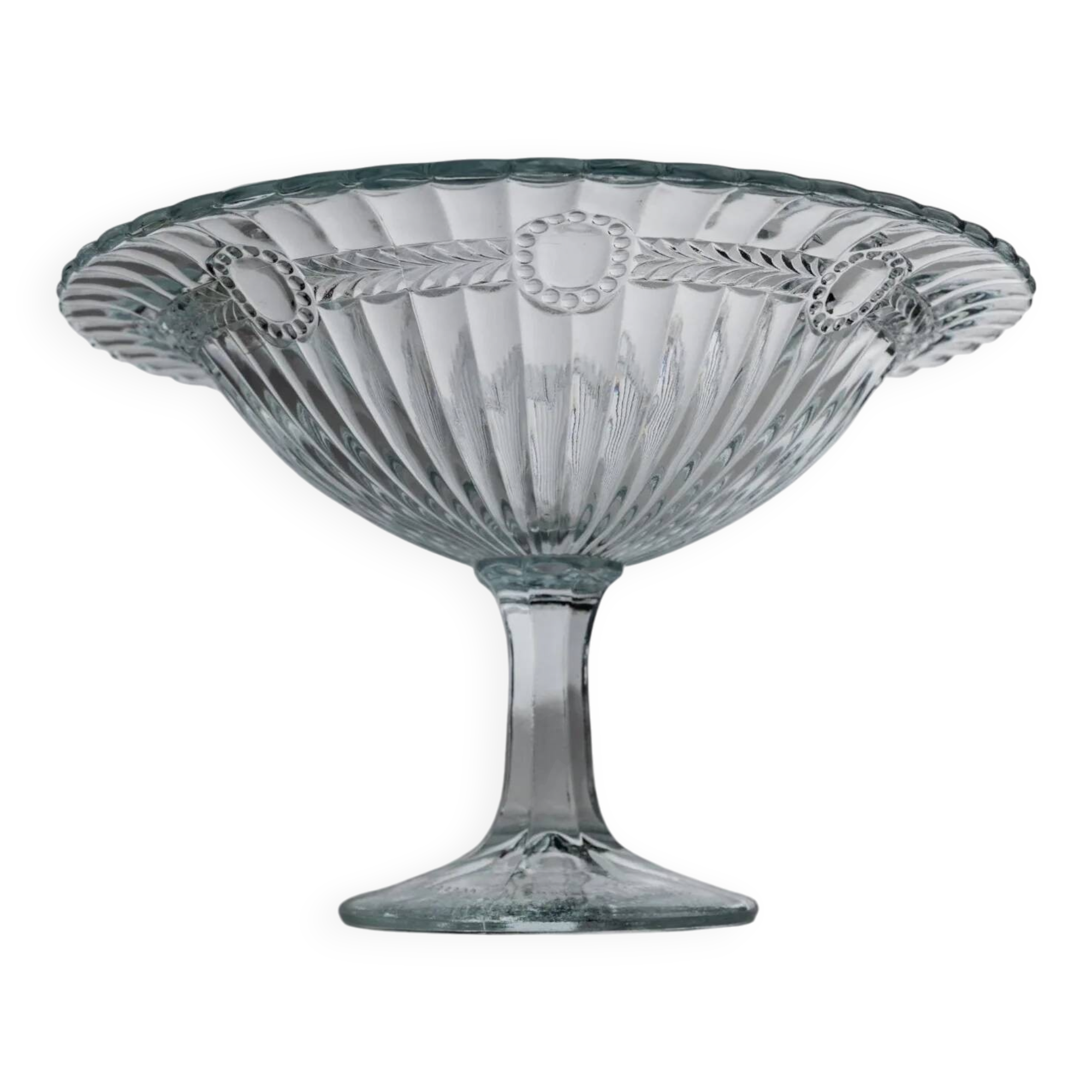 Blue pressed glass compote with pale aqua tint, 1910s Olivia Zabkowice Poland pedestal centerpiece