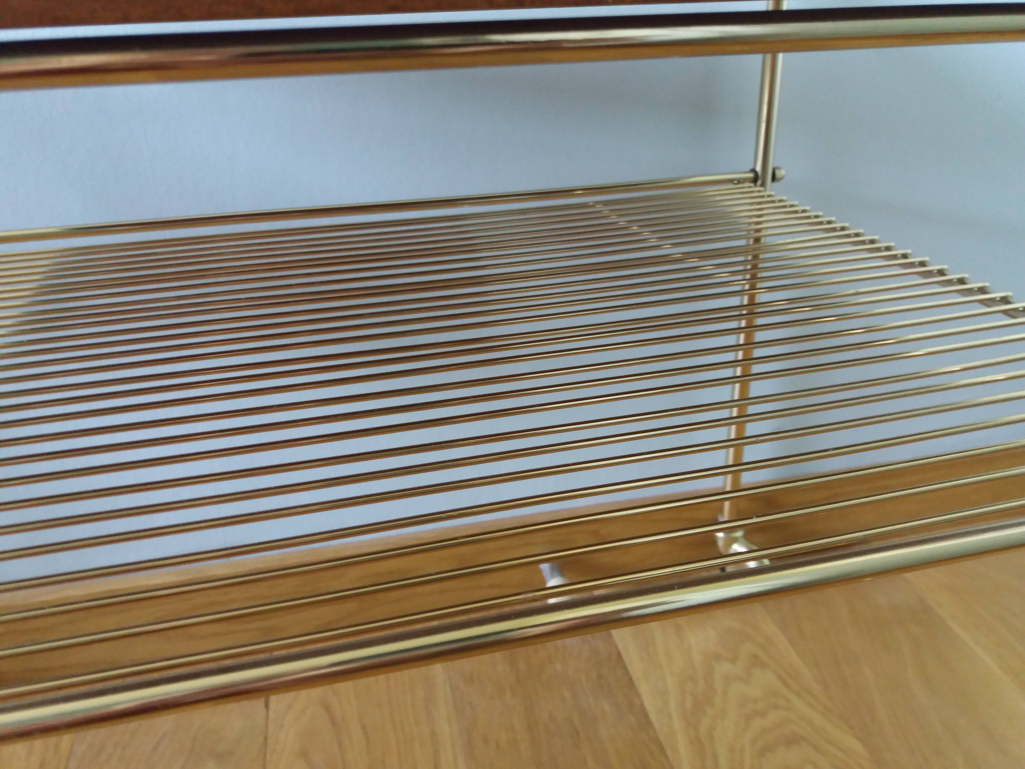 Vinyl hi-fi console with wheels in gold metal and wood