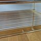 Vinyl hi-fi console with wheels in gold metal and wood