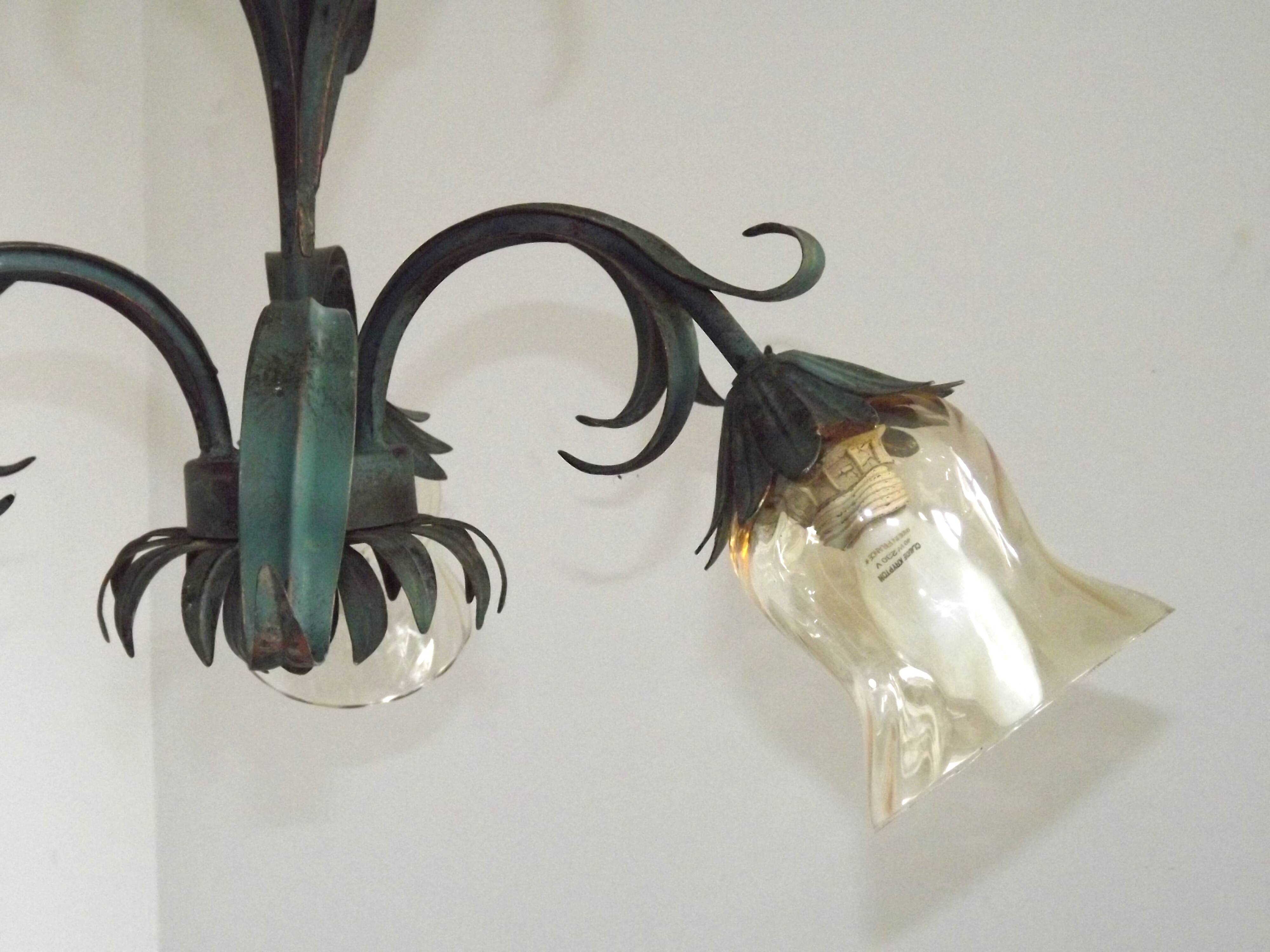 French vintage chandelier 3 lights green leaf amber glass 4966