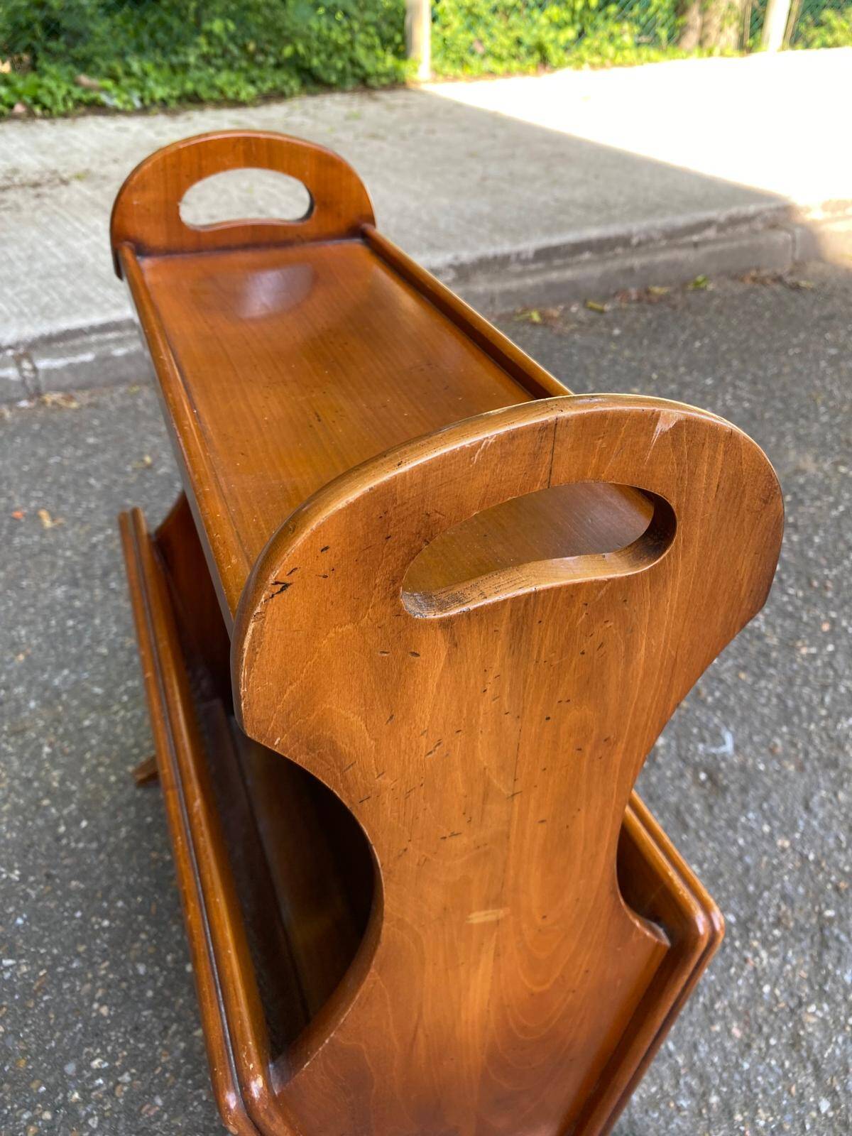 Vintage magazine rack, solid light wood document holder, caned, 1960.