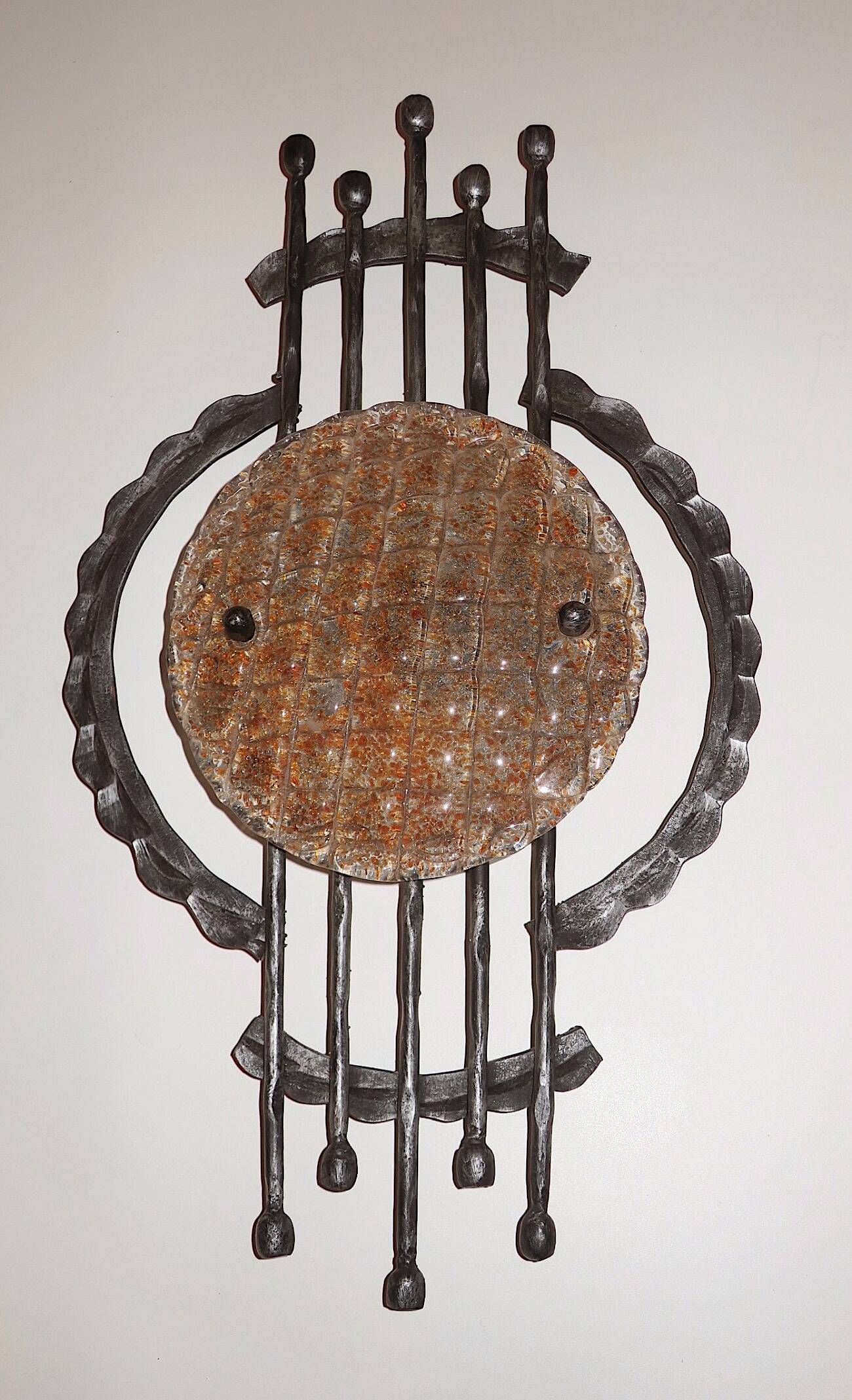 Mid century Brutalist wrought iron and Murano glass wall light, 1950-60