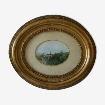 Gouache oval frame wood stuqué gilded with 19th leaf