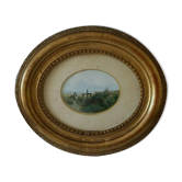 Gouache oval frame wood stuqué gilded with 19th leaf