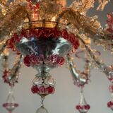 Rezzonico Venetian chandelier in colorless and red Venetian glass, circa 1920
