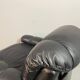 Large Set of Italian Space Age Black Leather Lounge Chairs with Brass