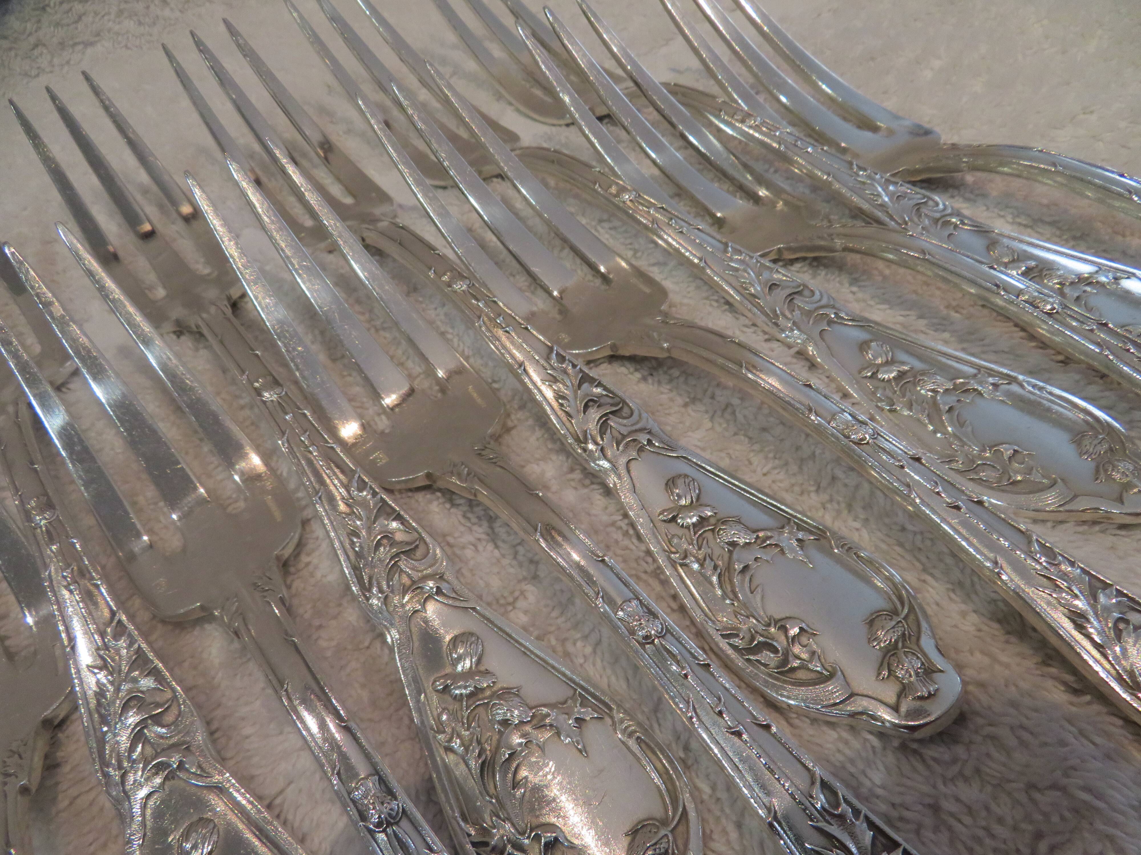 12 silver plated table forks by Boulenger, Art Nouveau Chardons
