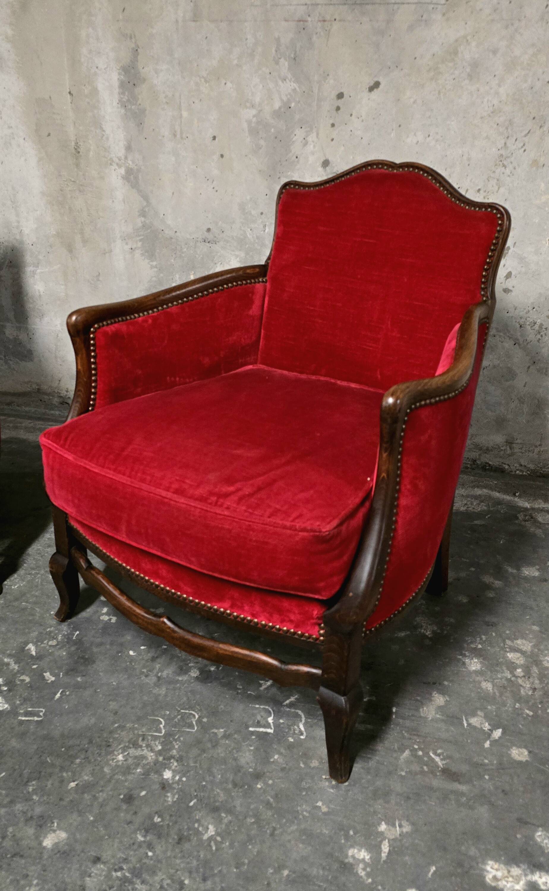 Pair of Louis XV style bergère armchairs in red velvet.