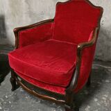 Pair of Louis XV style bergère armchairs in red velvet.