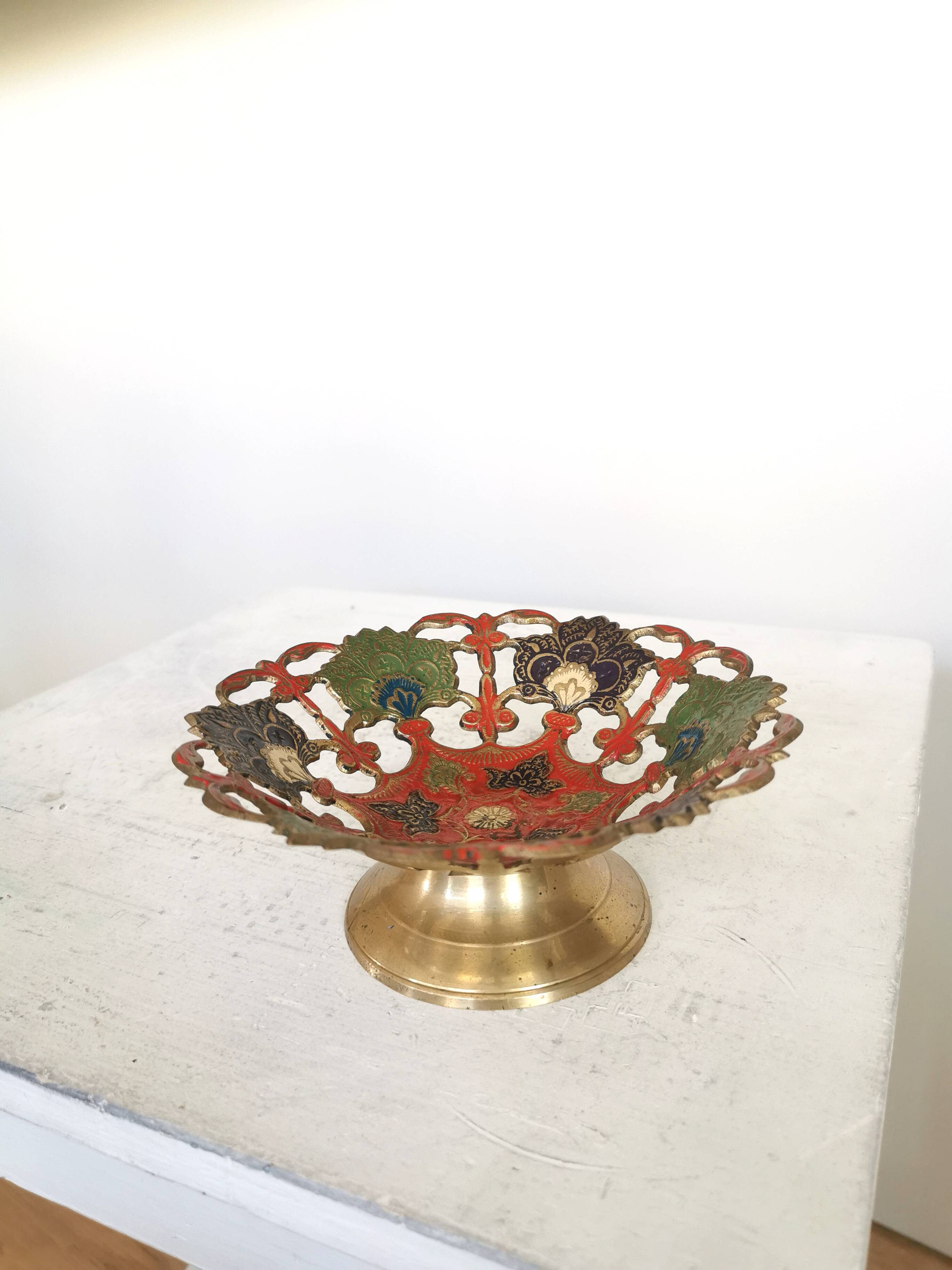 Vintage Brass Pedestal Bowl: Floral Motif, Red Blue Green Painted