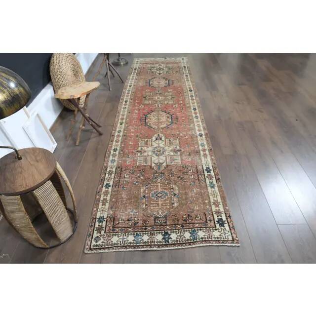 1970s Vintage Persian Handmade Wool Cotton Red Runner Rug 88x329