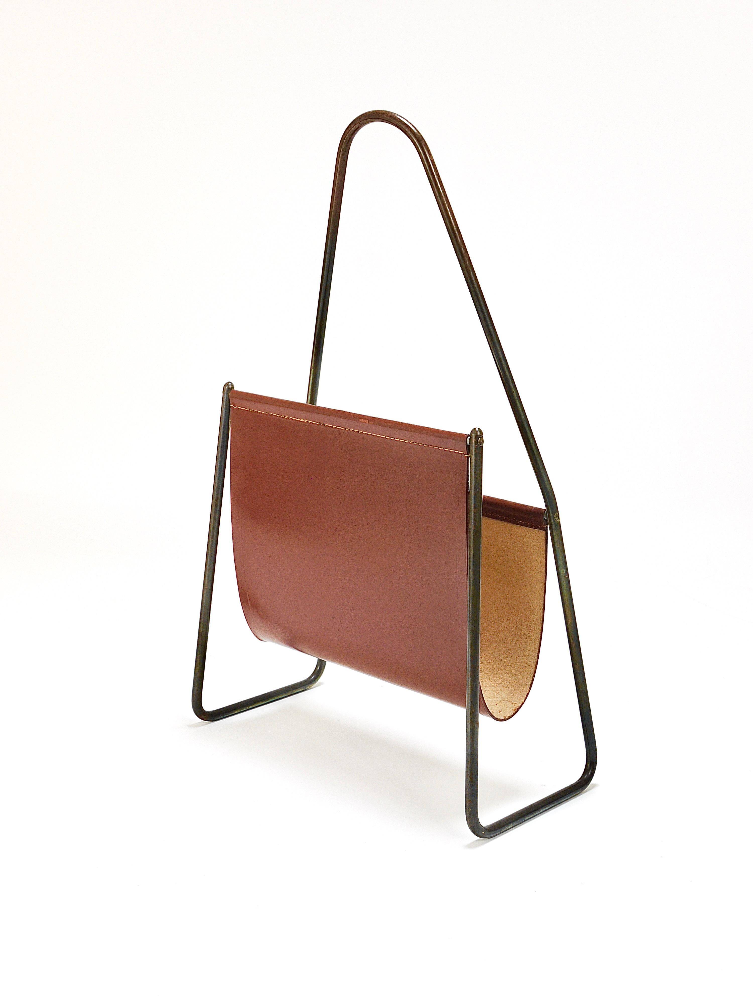Carl Auböck II Magazine rack Midcentury, brass and brown leather, vintage, Austria
