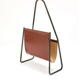 Carl Auböck II Magazine rack Midcentury, brass and brown leather, vintage, Austria