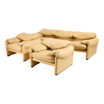 Maralunga leather set by Vico Magistretti for Cassina, Set of 3