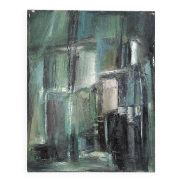 Oil on canvas signed Monique Humbert, abstract composition, wall painting, interior decoration.
