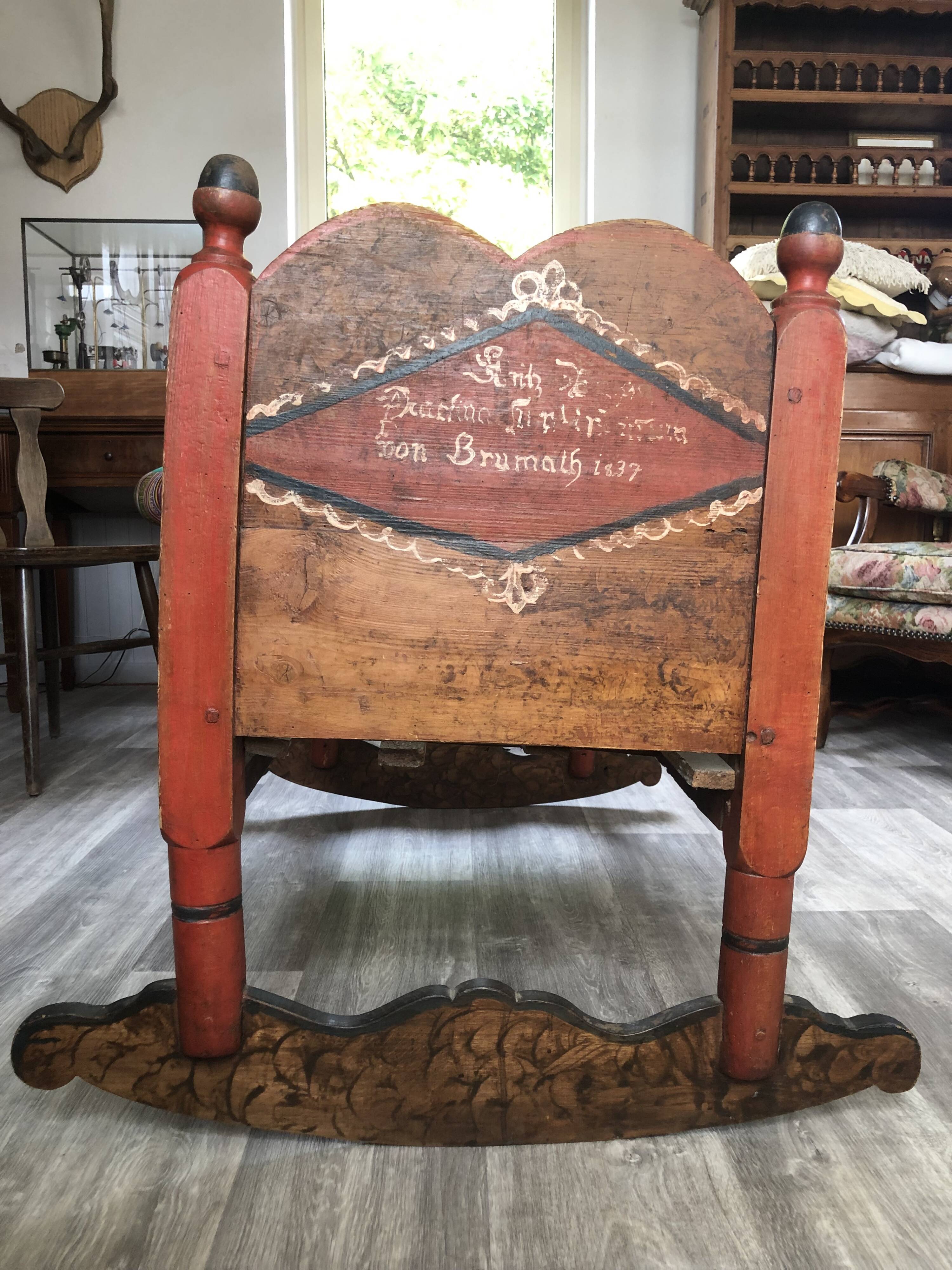Berceau meuble polychrome alsacien de Brumath 19eme siècle 1837