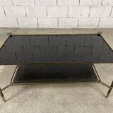 Table basse en laiton, verre et cuir des années 50