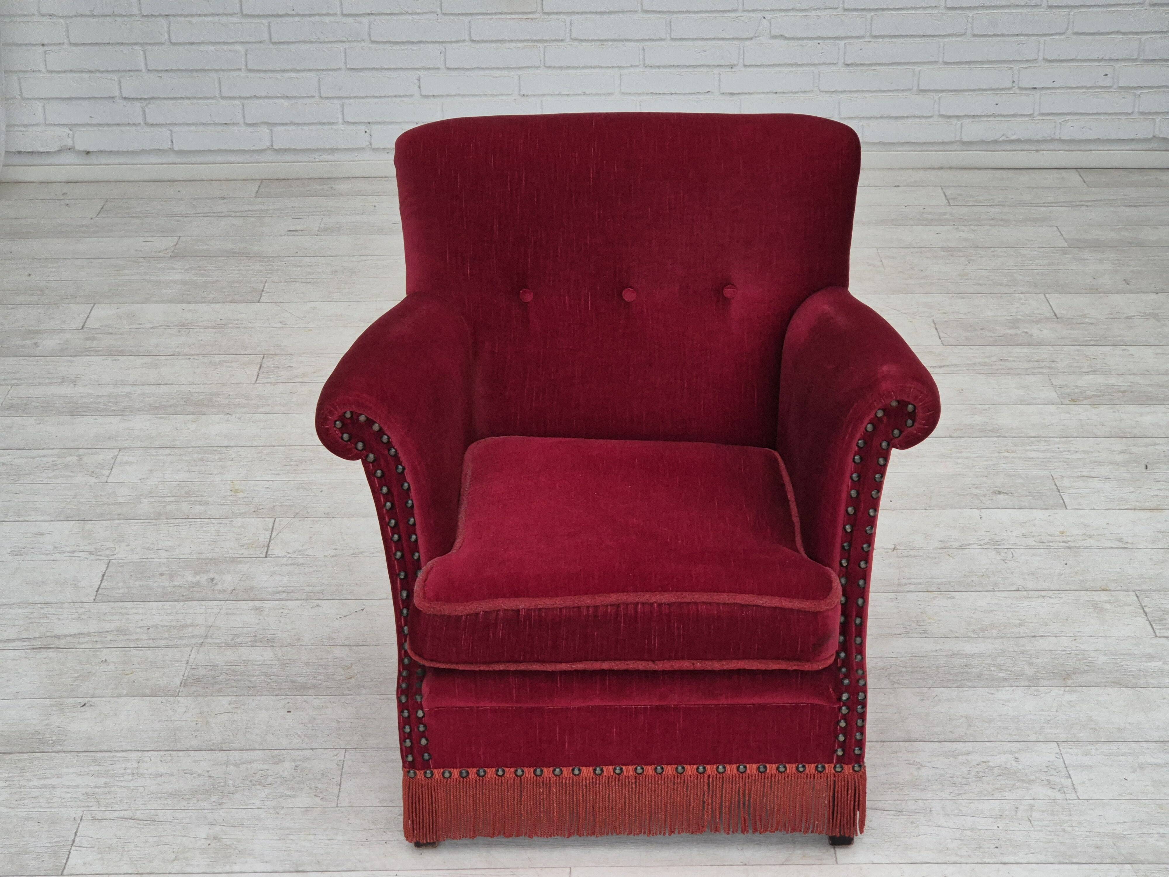 1970s, Danish lounge chair, original condition, cherry-red velour fabric.