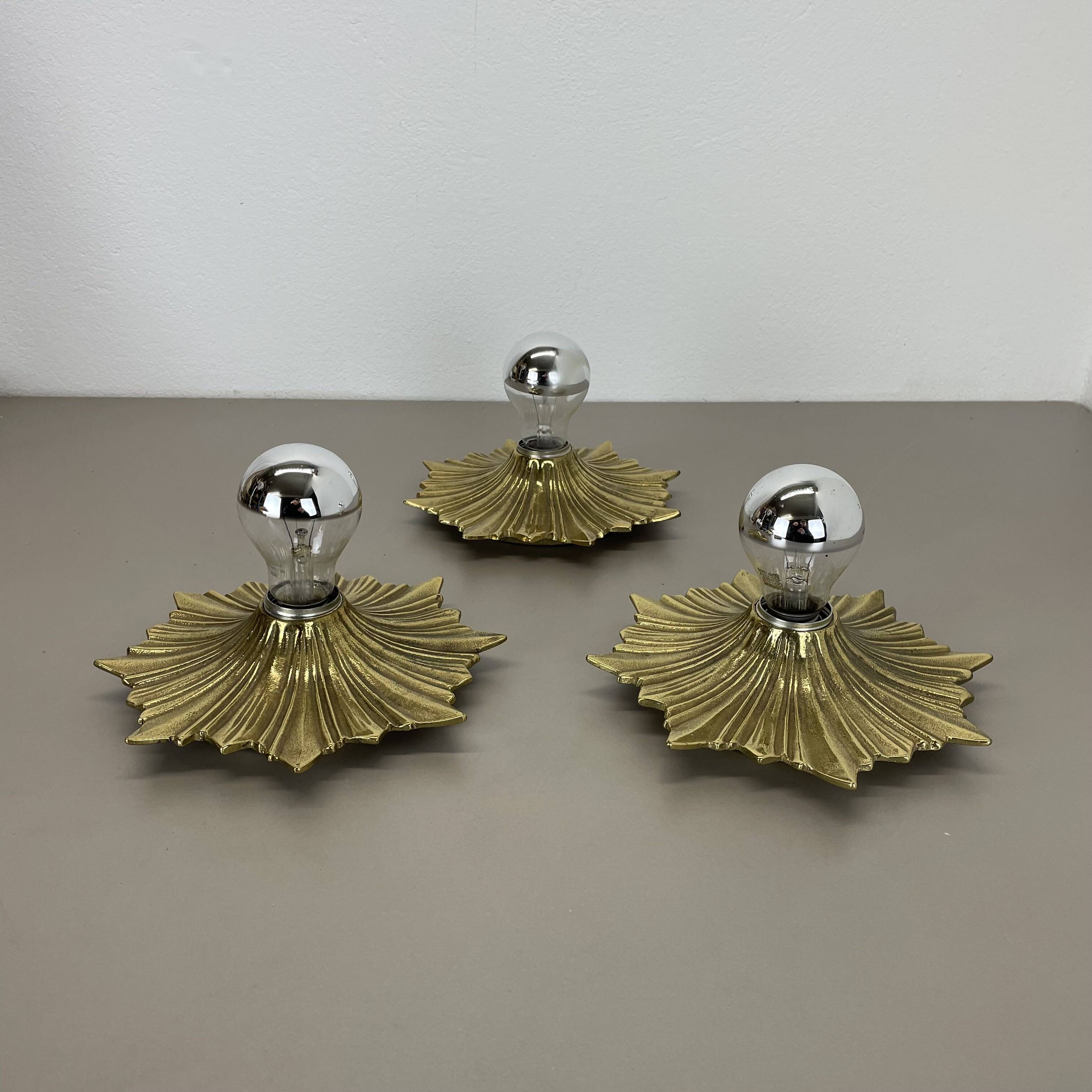 Set of Three Brutalist Bronze Sunburst Wall Lights, Italy 1950s