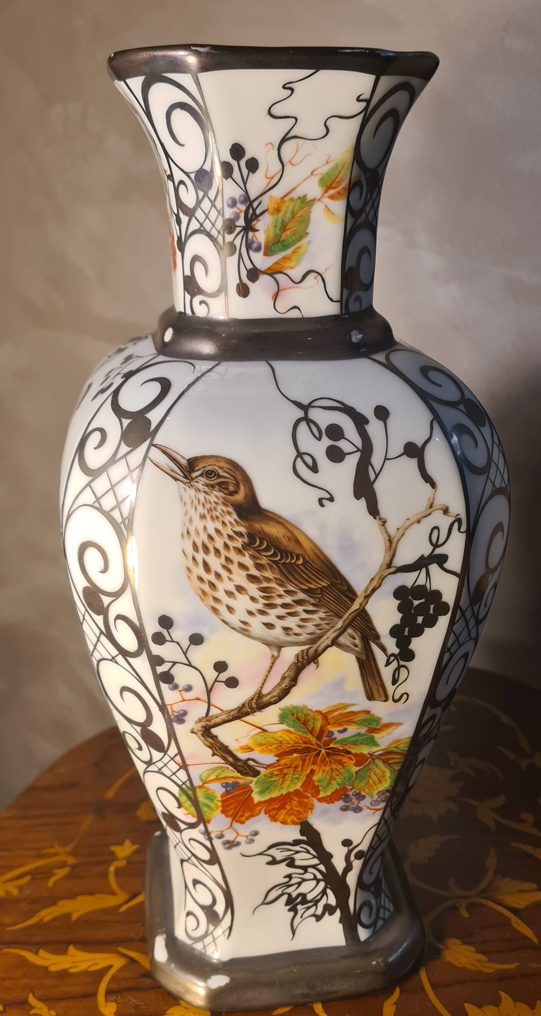 ceramic vase with birds BOHEMIA porcelain 1960 37x17 beautiful size