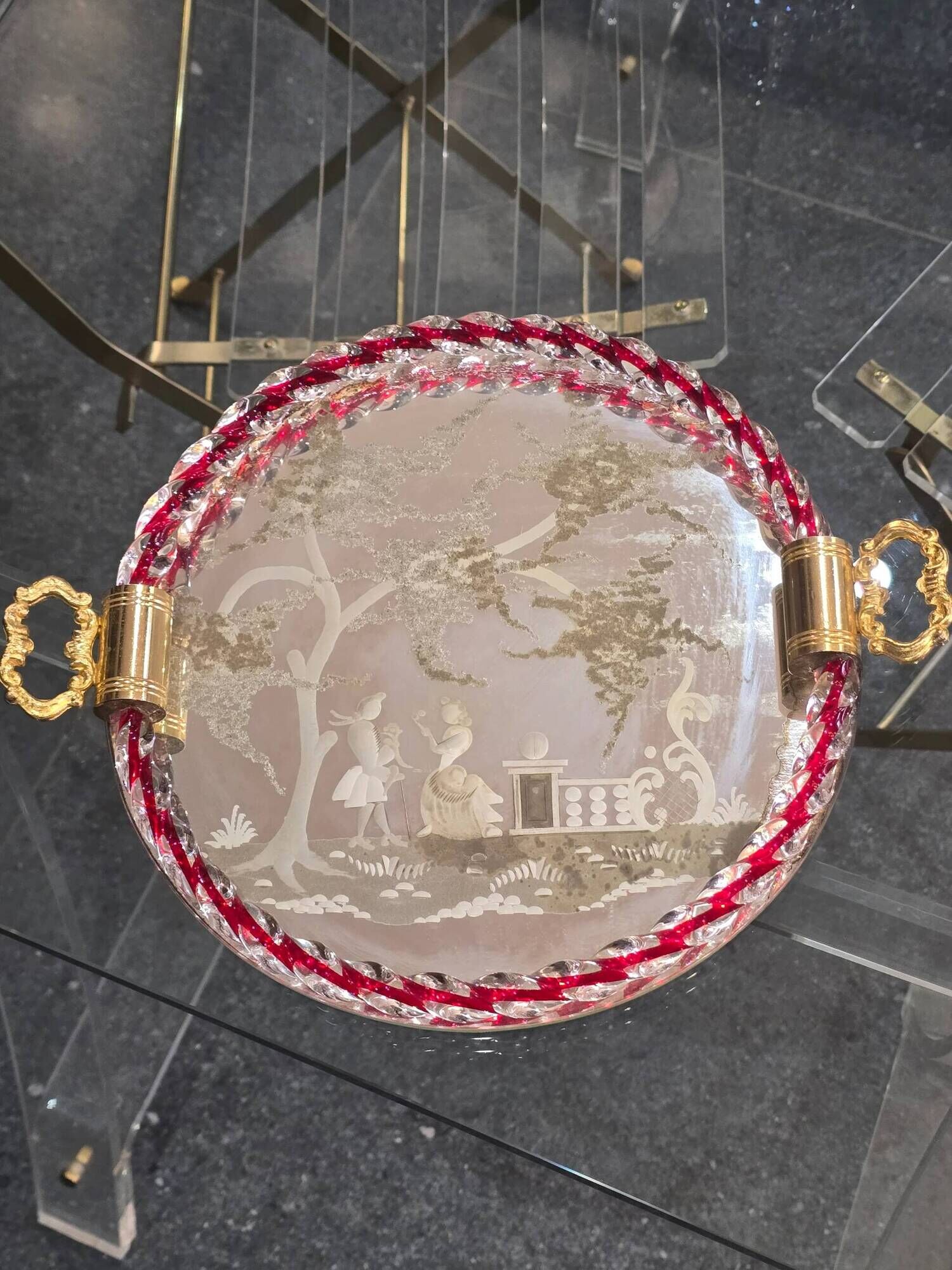 Engraved mirror plateau with twisted red and white glass border, Murano / Venice (c. 1940–1950)