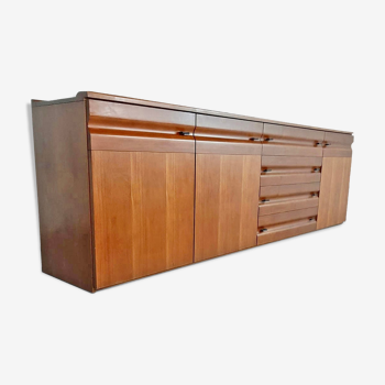 Sculpted walnut and leather credenza Gavina Italy 1970s