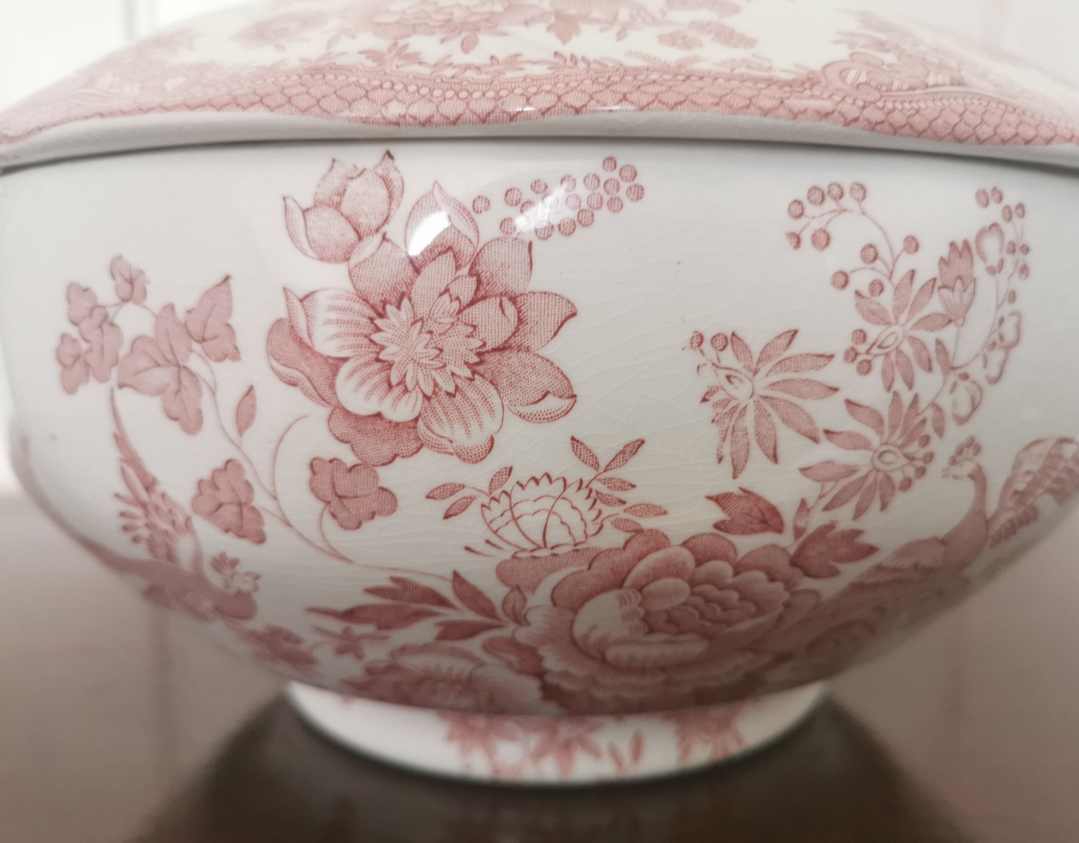 English soup bowl with purple floral motifs