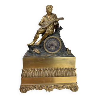 Empire Clock In Bronze With Double Patina 19th Century Young Troubadour With Mandolin