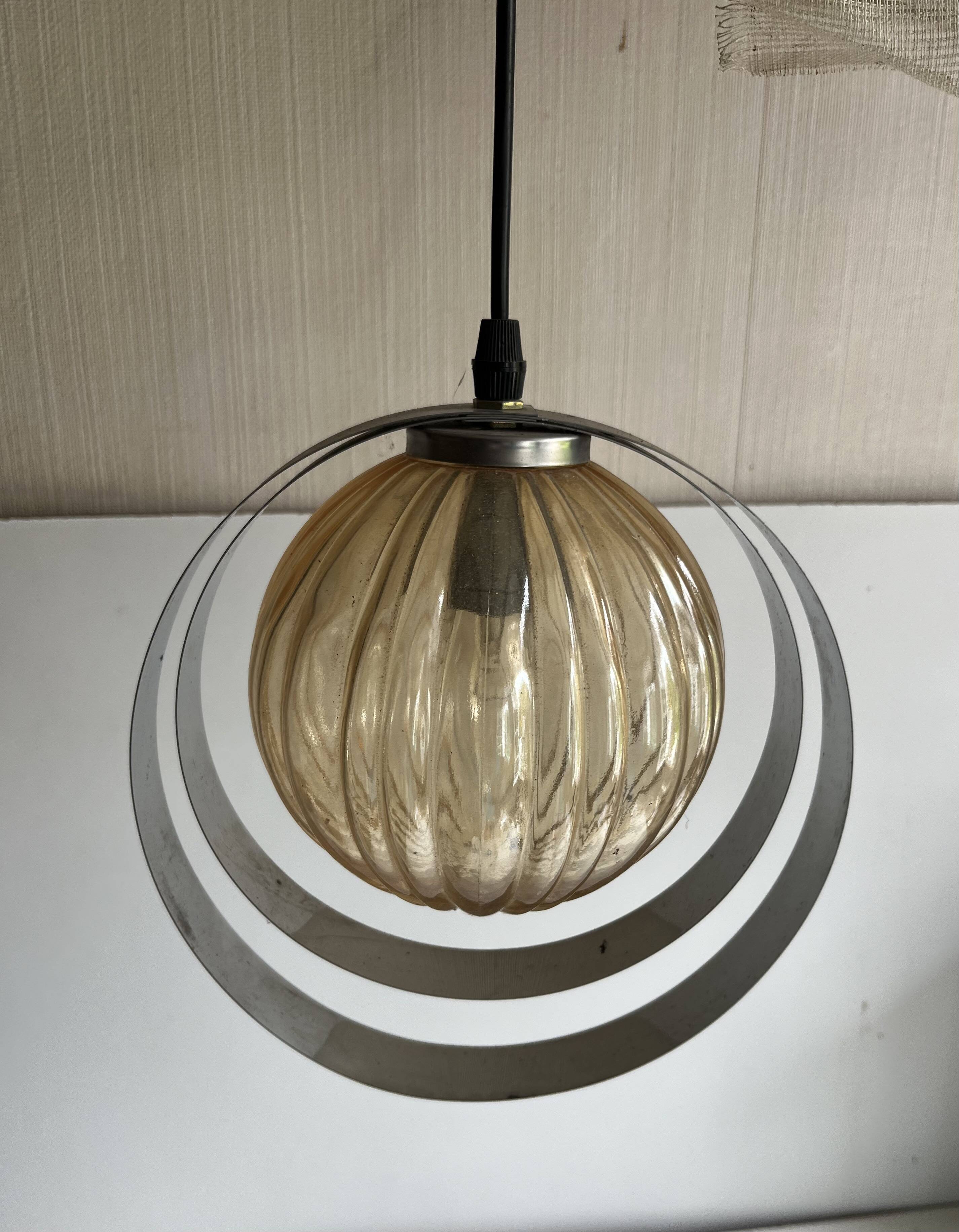 Space Age Chrome Rings Amber Globe Pendant Light
