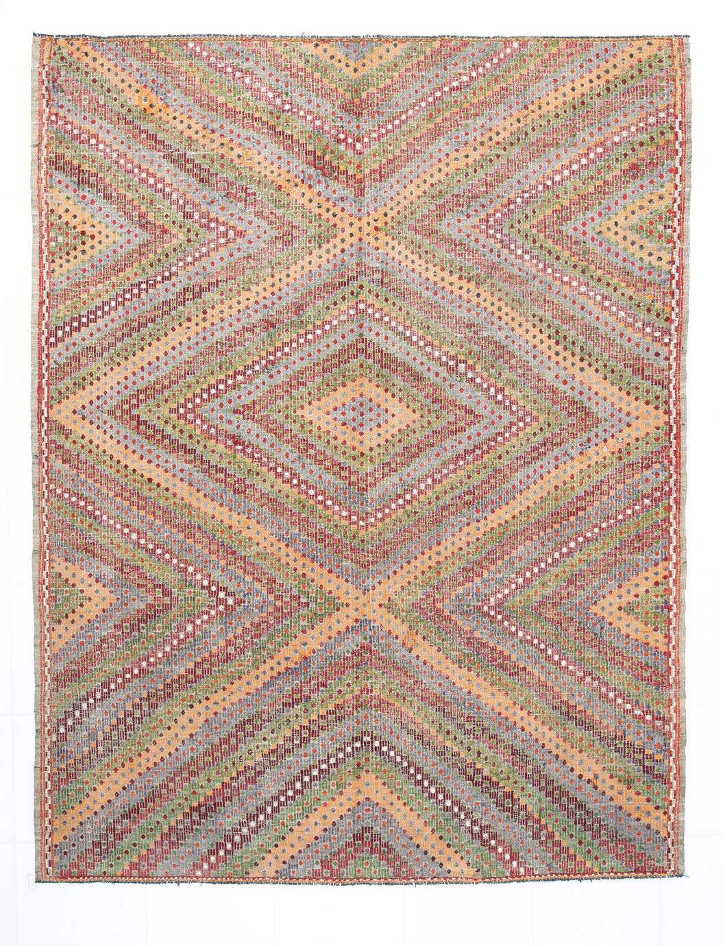 Tapis Kilim vintage vert et orange 7x9, 203x263 cm