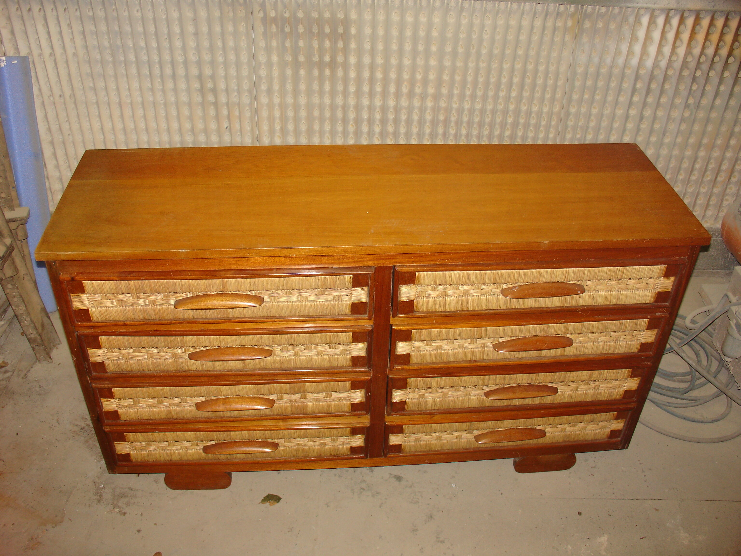 Mahogany and straw chest of drawers, circa 1950, Mexican made