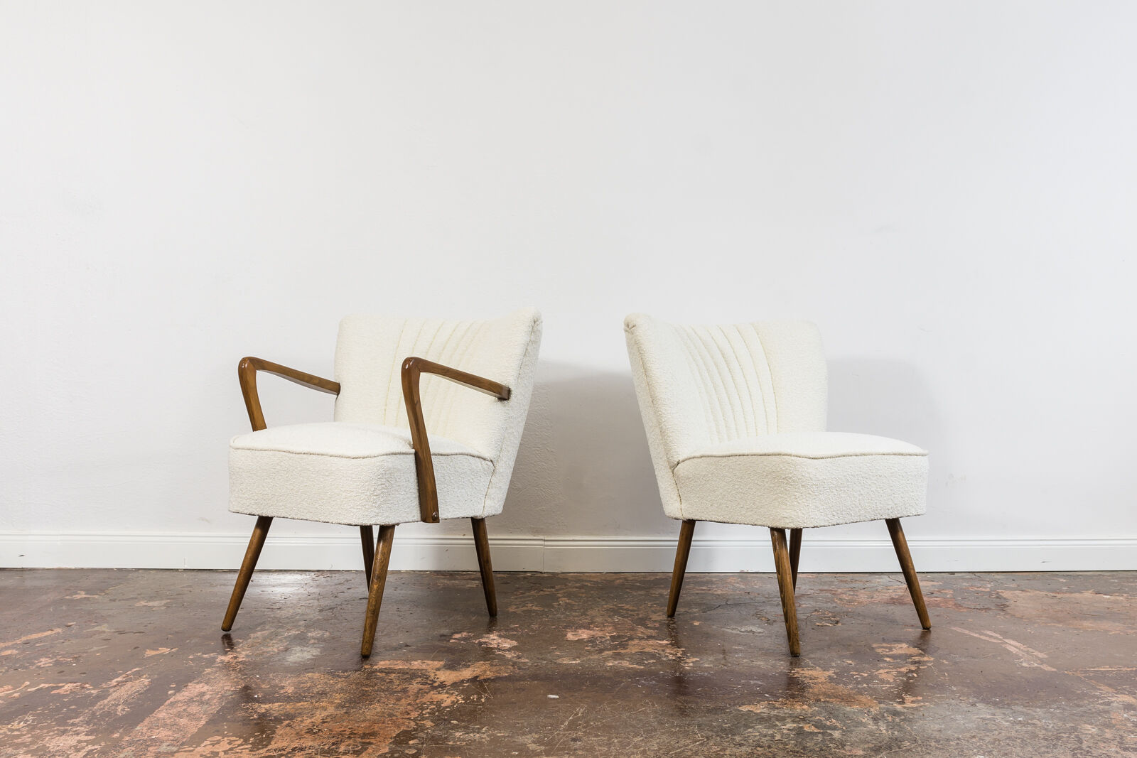 Pair of white cream boucle cocktail chairs, 1950s
