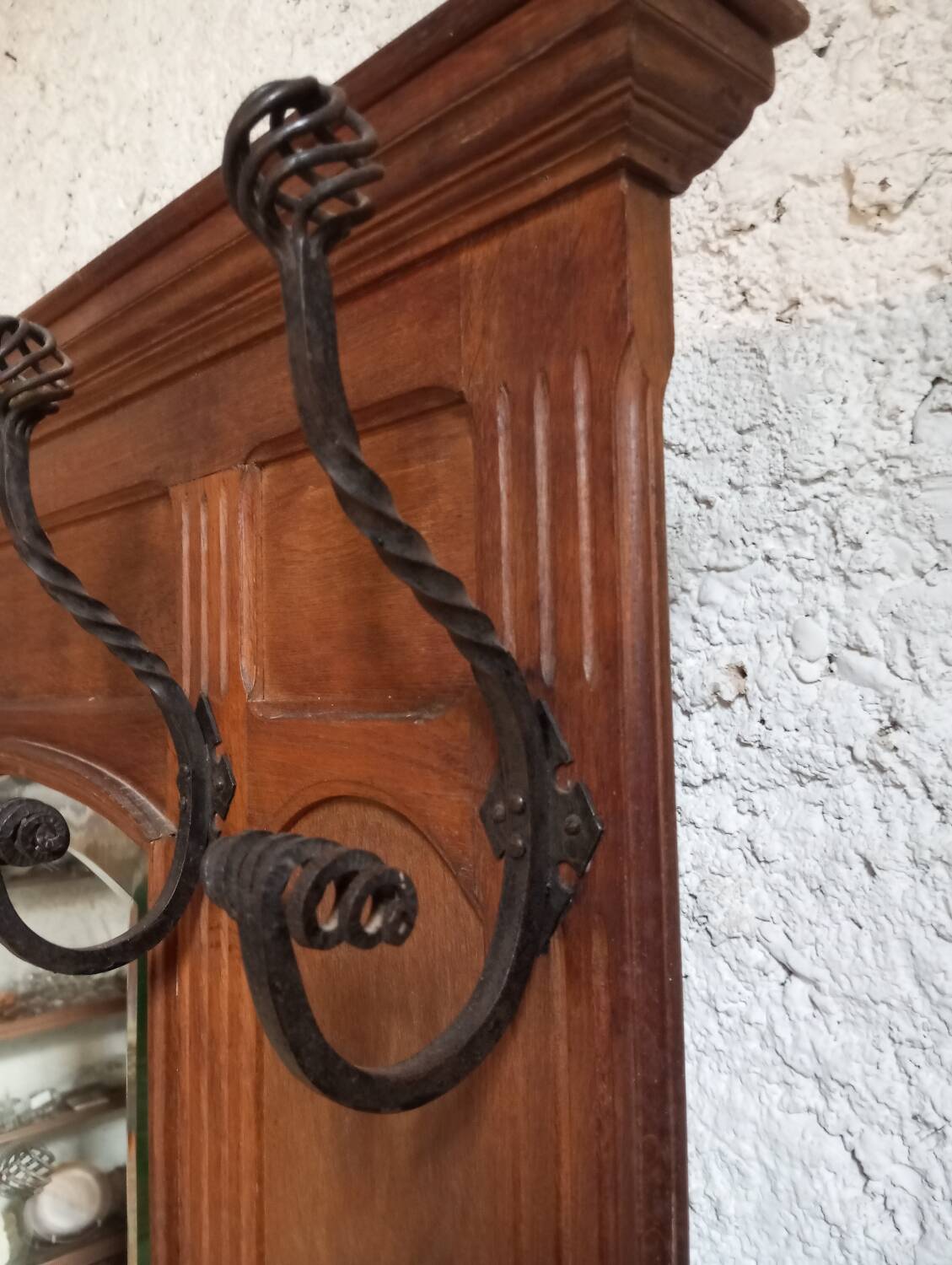 Oak and wrought iron coat rack from around 1900.