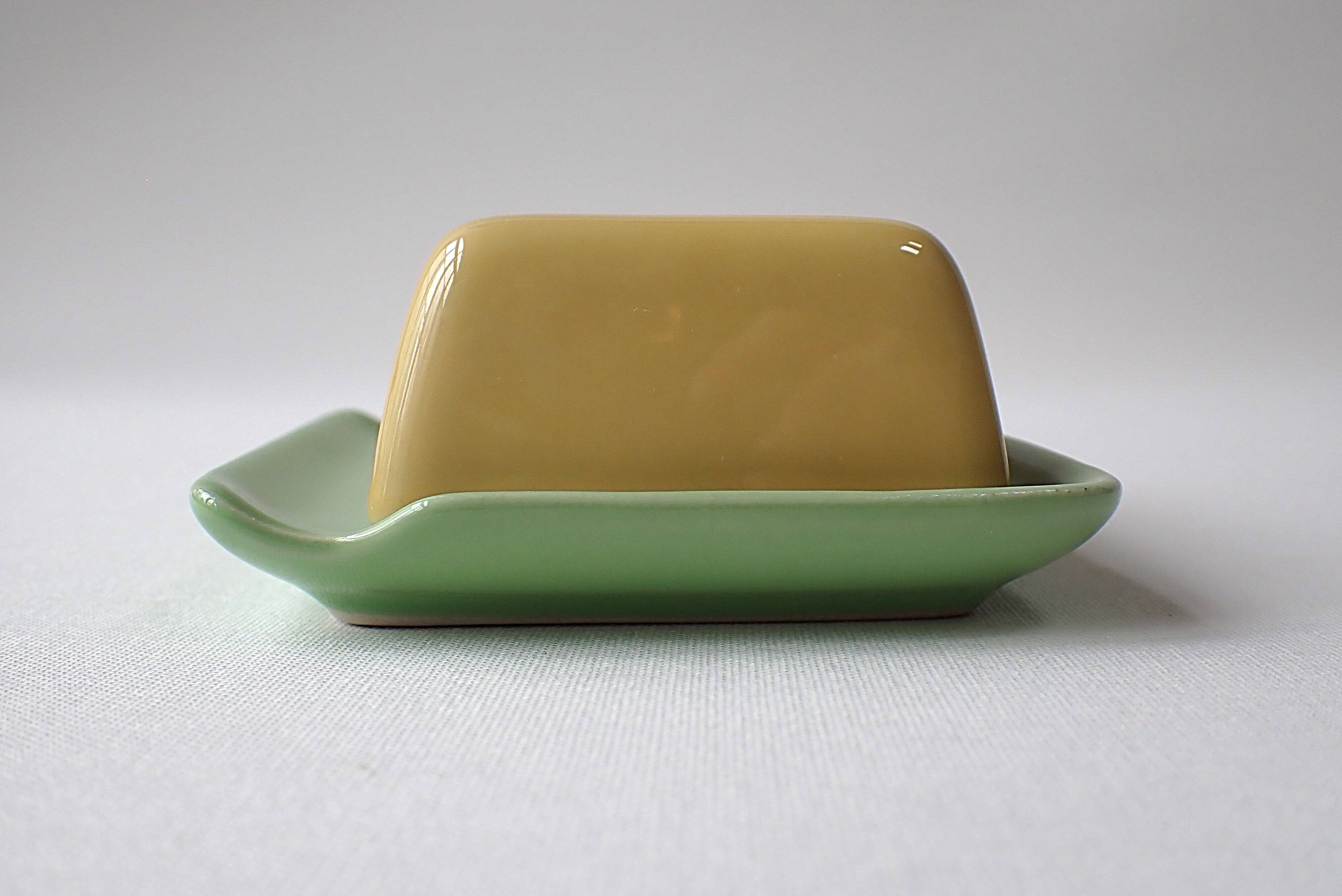 Small vintage ceramic butter dish - green and yellow