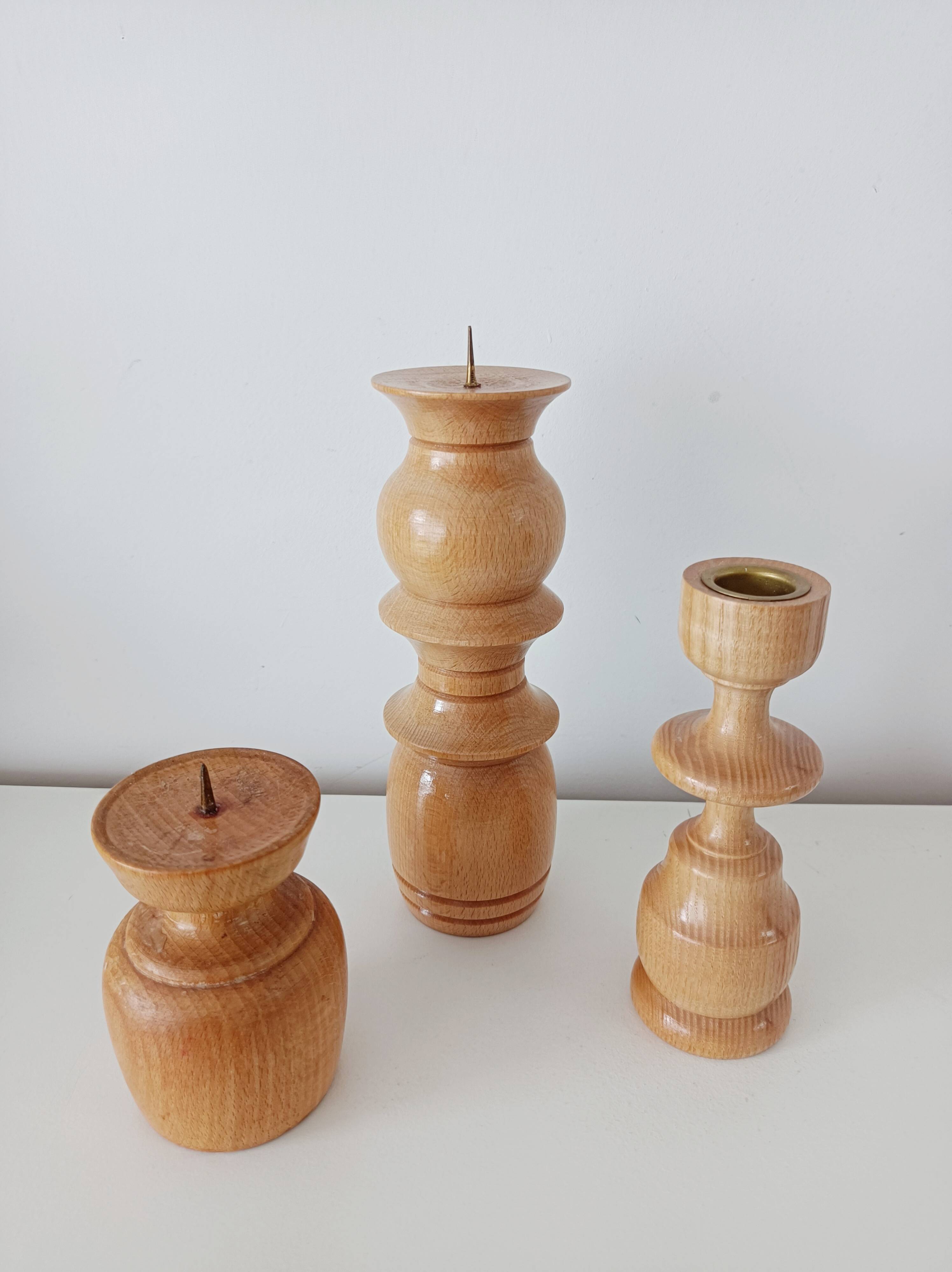 Set of 3 Scandinavian turned wooden candle holders
