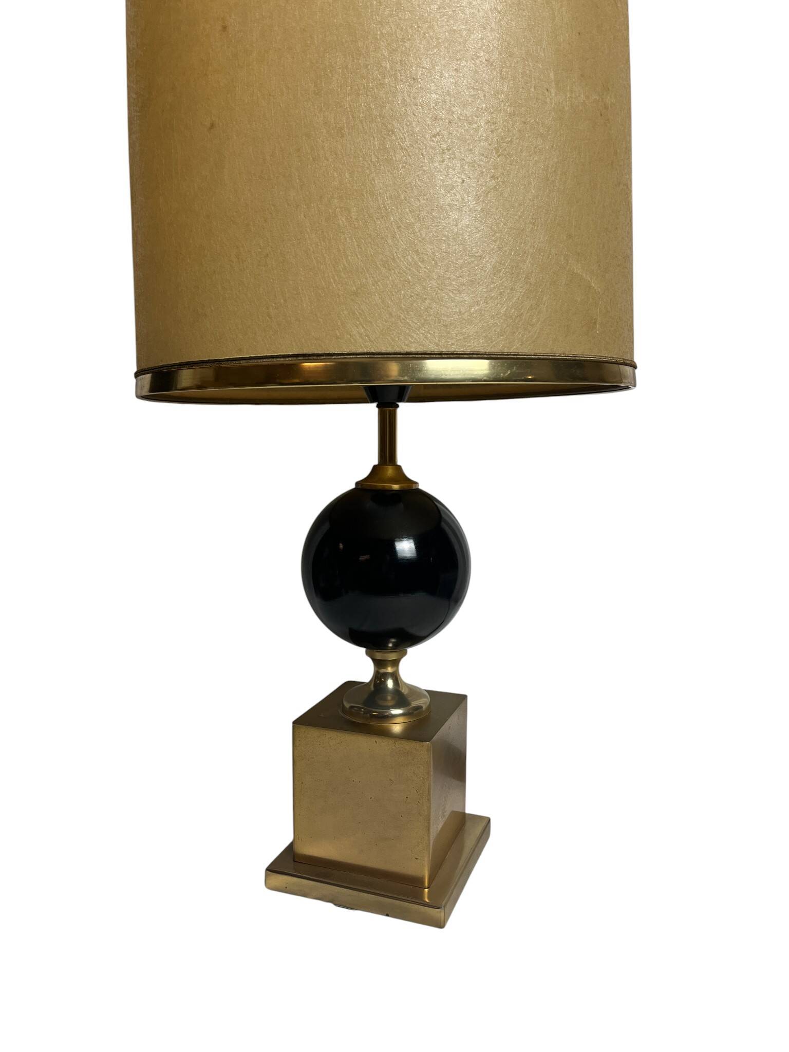 Vintage, lampe pied métal doré et laque noire abat-jour vers 1970