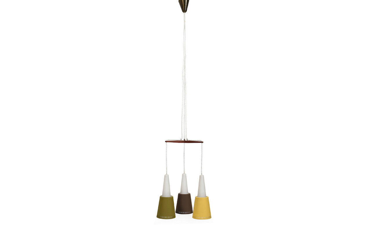 Mid Century Danish Hanging Lamp in Teak and Colored Shades