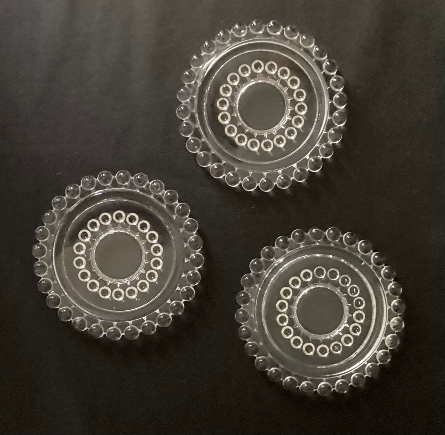 Set of 3 pearl border bottle coasters - vintage