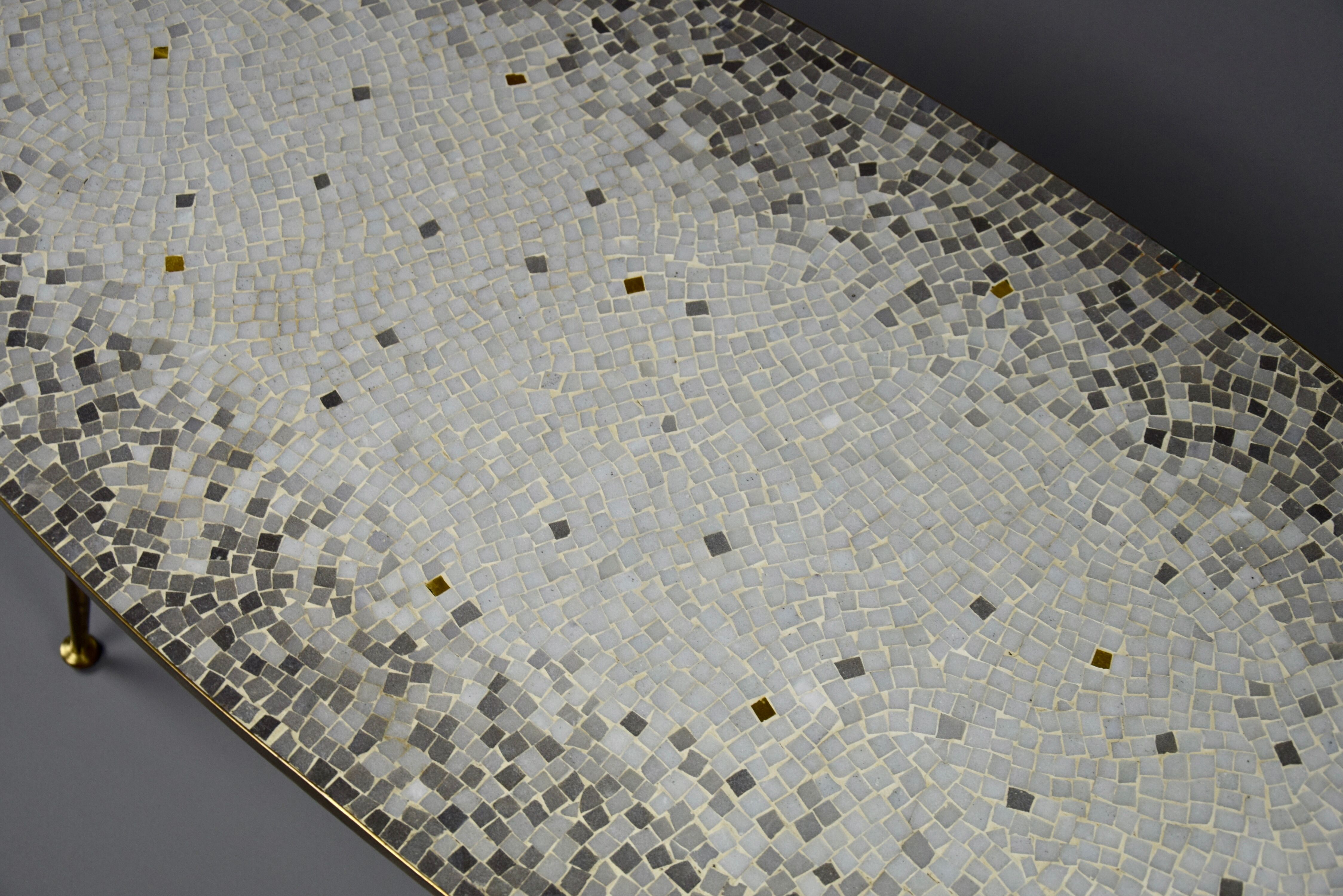 Brass Mid century Oval Coffee Table with Grey Glass Mosaic and Gold Highlights
